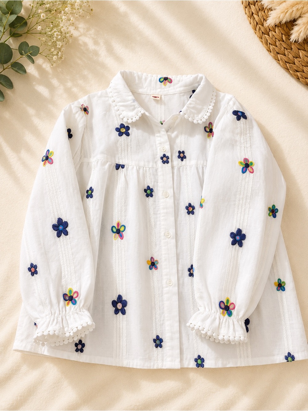 White Floral Embroidered Button-Up Top for Kids